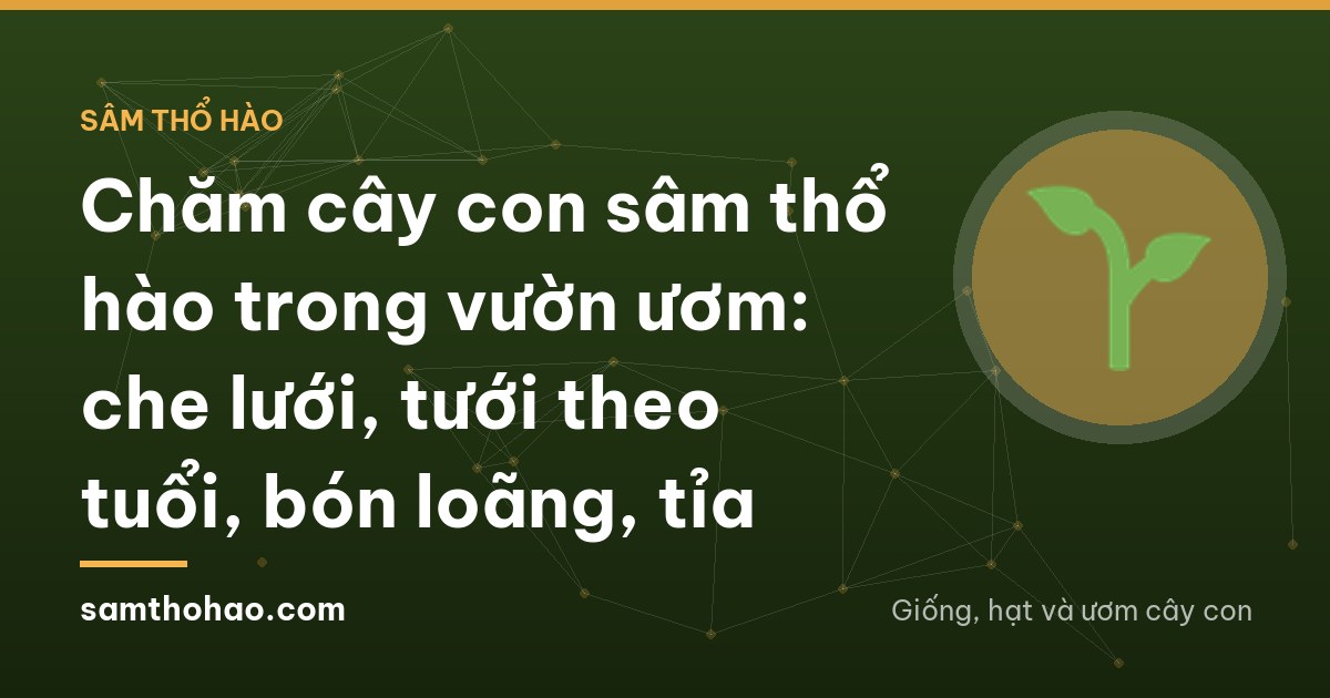 Small backyard nursery under black shade cloth in northern Vietnam, a person seen from behind kneeling between benches of young broad-leaved seedlings, misty spring morning, soft green tones